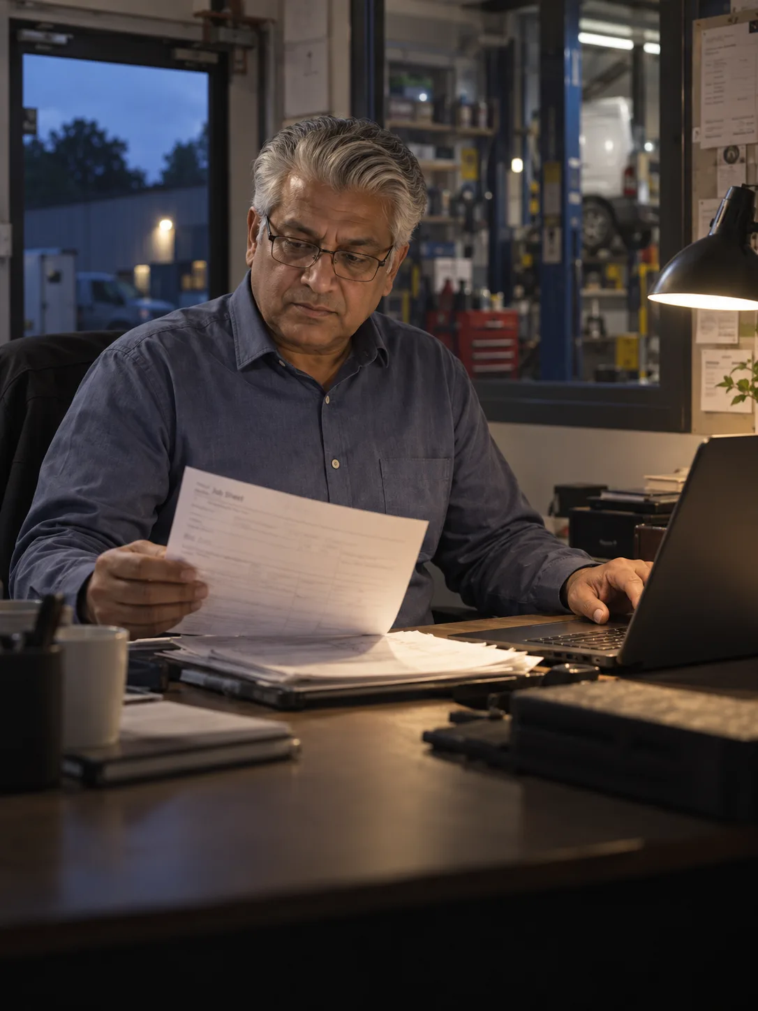 A business owner with silver hair and glasses working through paperwork in a workshop office at dusk