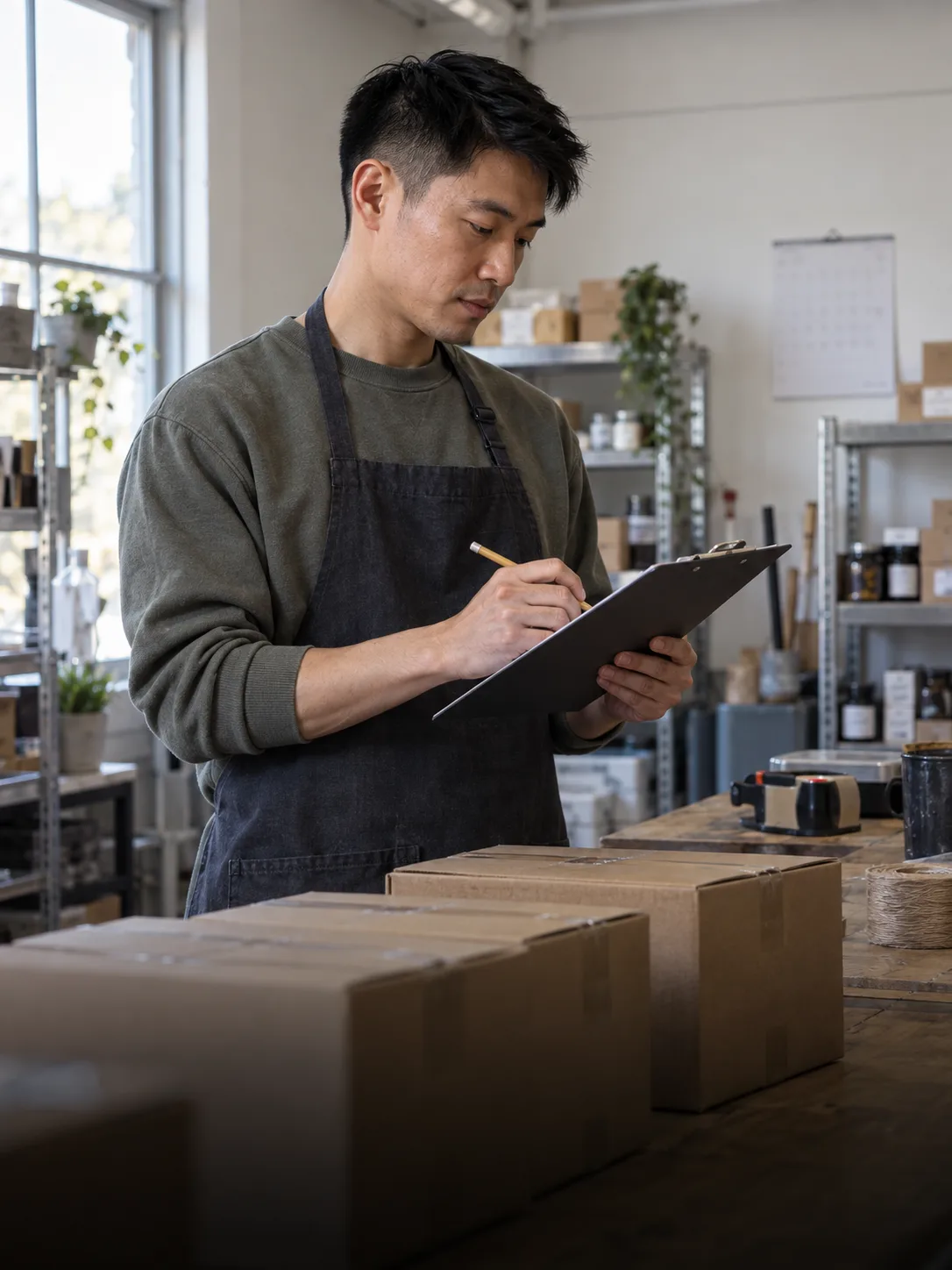A young food-business owner with short black hair checking orders beside packed cartons