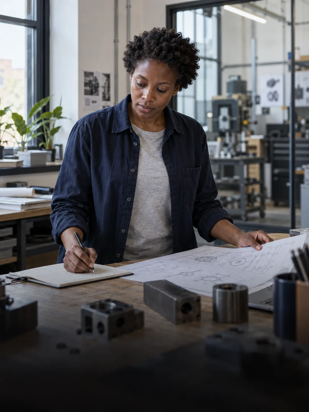 A woman with short natural hair reviewing drawings at a fabrication workshop bench