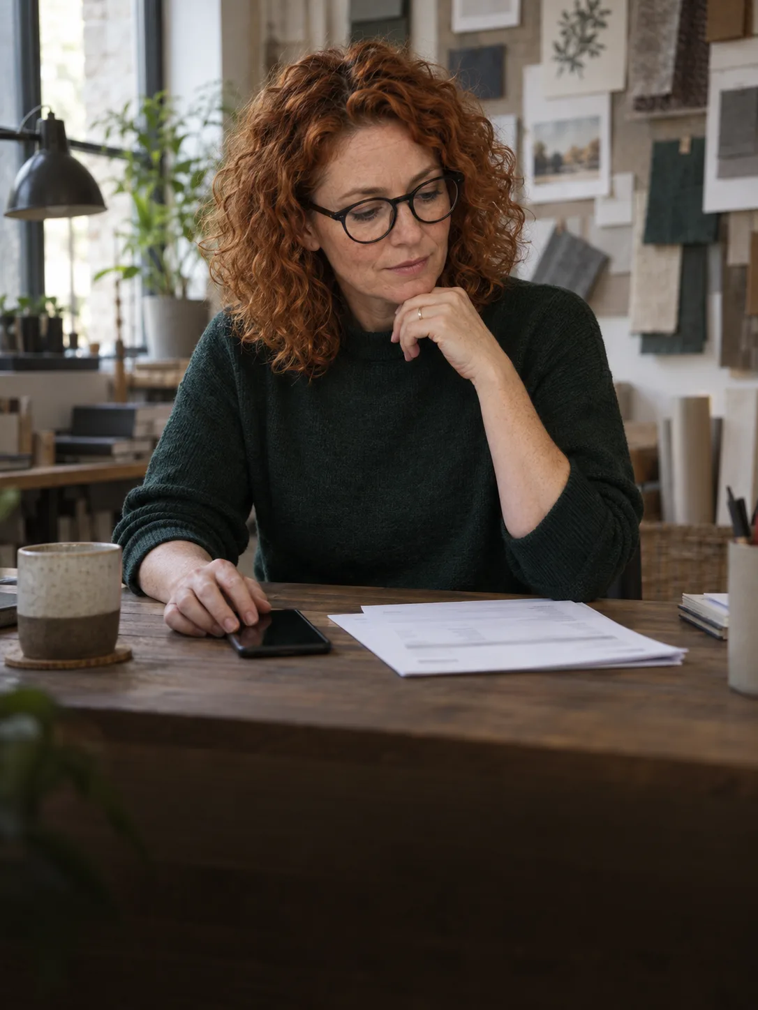 A studio owner with a copper bob and round glasses considering an invoice beside her phone
